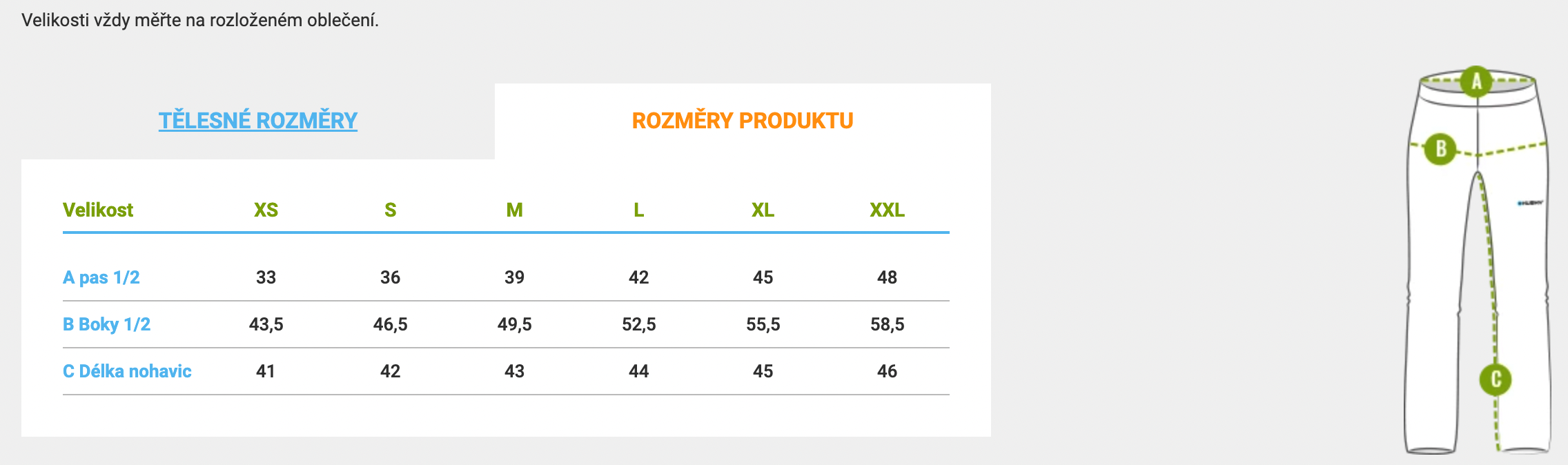 velikostni tabulka damskych 3:4 kalhot Husky Speedy_1